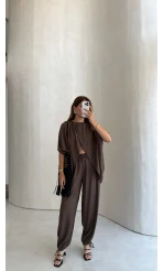 Keten Bluz Pantolon Takım - Kahve - Kod: 51402