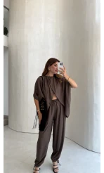 Keten Bluz Pantolon Takım - Kahve - Kod: 51402