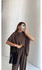 Keten Bluz Pantolon Takım - Kahve - Kod: 51402