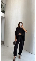 Keten Bluz Pantolon Takım - Siyah - Kod: 51402