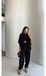 Keten Bluz Pantolon Takım - Siyah - Kod: 51402