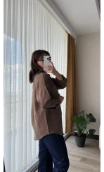 Keten Karşımlı Cepli Gömlek Acı Kahve