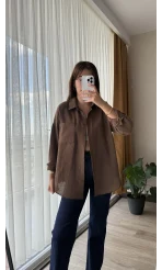 Keten Karşımlı Cepli Gömlek Acı Kahve