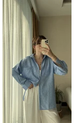 Keten Kırçıllı Mavi Gömlek