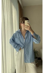 Keten Kırçıllı Mavi Gömlek