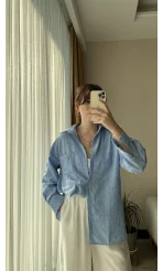 Keten Kırçıllı Mavi Gömlek