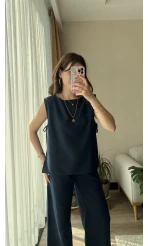 Keten Lacivert Yandan Bağlamalı takım