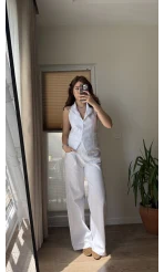 Keten Sırt Detay Yelek Pantolon Takım Beyaz