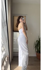 Keten Sırt Detay Yelek Pantolon Takım Beyaz