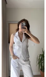 Keten Sırt Detay Yelek Pantolon Takım Beyaz