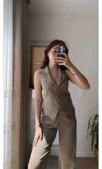 Keten Sırt Detay Yelek Pantolon Takım Haki