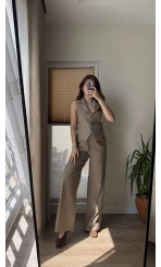 Keten Sırt Detay Yelek Pantolon Takım Haki