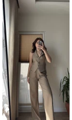 Keten Sırt Detay Yelek Pantolon Takım Haki