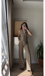 Keten Sırt Detay Yelek Pantolon Takım Haki