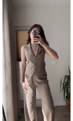 Keten Sırt Detay Yelek Pantolon Takım Haki
