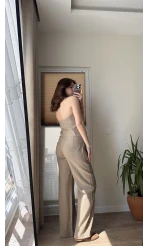 Keten Sırt Detay Yelek Pantolon Takım Haki