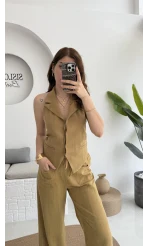 Keten Sırt Detay Yelek Pantolon Takım Hardal