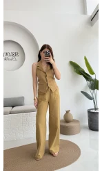 Keten Sırt Detay Yelek Pantolon Takım Hardal