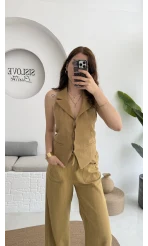 Keten Sırt Detay Yelek Pantolon Takım Hardal