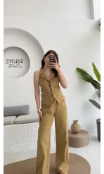 Keten Sırt Detay Yelek Pantolon Takım Hardal