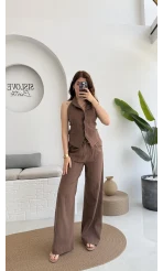 Keten Sırt Detay Yelek Pantolon Takım Kahve