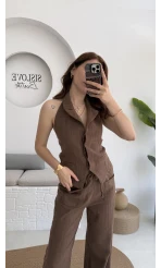 Keten Sırt Detay Yelek Pantolon Takım Kahve