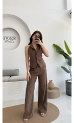 Keten Sırt Detay Yelek Pantolon Takım Kahve
