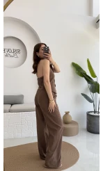 Keten Sırt Detay Yelek Pantolon Takım Kahve
