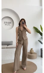 Keten Sırt Detay Yelek Pantolon Takım Vizon