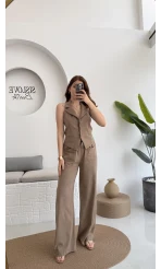 Keten Sırt Detay Yelek Pantolon Takım Vizon