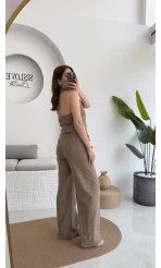 Keten Sırt Detay Yelek Pantolon Takım Vizon