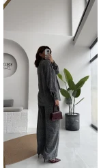 Kiara Taşlı Bağlamalı Gömlek Pantolon Takım - Gümüş - Kod: 6025