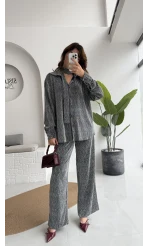 Kiara Taşlı Bağlamalı Gömlek Pantolon Takım - Gümüş - Kod: 6025