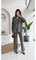 Kiara Taşlı Bağlamalı Gömlek Pantolon Takım - Gümüş - Kod: 6025