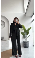 Kiara Taşlı Bağlamalı Gömlek Pantolon Takım - Siyah - Kod: 6025