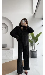 Kiara Taşlı Bağlamalı Gömlek Pantolon Takım - Siyah - Kod: 6025