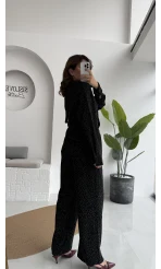 Kiara Taşlı Bağlamalı Gömlek Pantolon Takım - Siyah - Kod: 6025