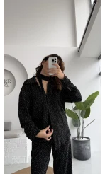 Kiara Taşlı Bağlamalı Gömlek Pantolon Takım - Siyah - Kod: 6025