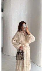 Kırışık Etek Bluz Takım - Bej - Kod: 580443