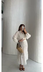Kırışık Etek Bluz Takım - Beyaz - Kod: 580443