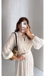 Kırışık Etek Bluz Takım - Beyaz - Kod: 580443