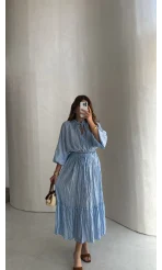 Kırışık Etek Bluz Takım - Mavi - Kod: 580443
