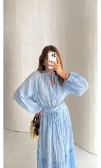 Kırışık Etek Bluz Takım - Mavi - Kod: 580443