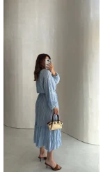 Kırışık Etek Bluz Takım - Mavi - Kod: 580443