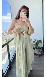 Kırışık Kumaş Mint Yeşili Askılı Pantolon Takım