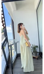 Kırışık Kumaş Mint Yeşili Askılı Pantolon Takım
