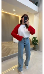 Kırmızı Reglan Kol Oversize Bluz - Ekru - Kod: 1659