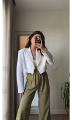 Kısa Crop Keten Astarlı Ceket Beyaz