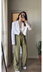 Kısa Crop Keten Astarlı Ceket Beyaz