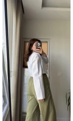 Kısa Crop Keten Astarlı Ceket Beyaz